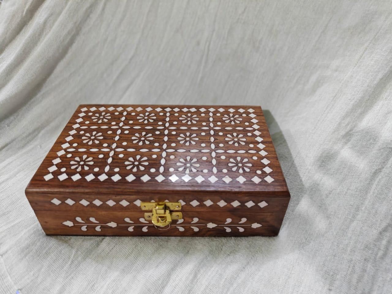 Handcrafted Wooden Inlay Storage Box with Brass Lock