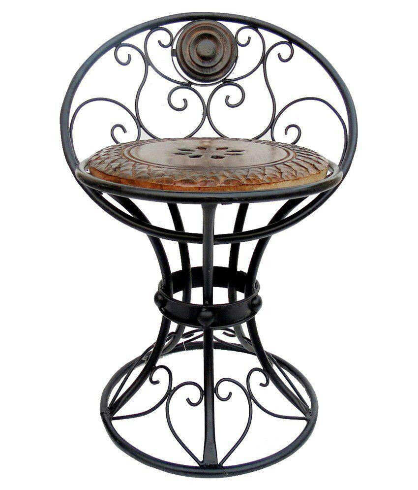 Handcrafted Wrought Iron & Wooden Stool with Backrest