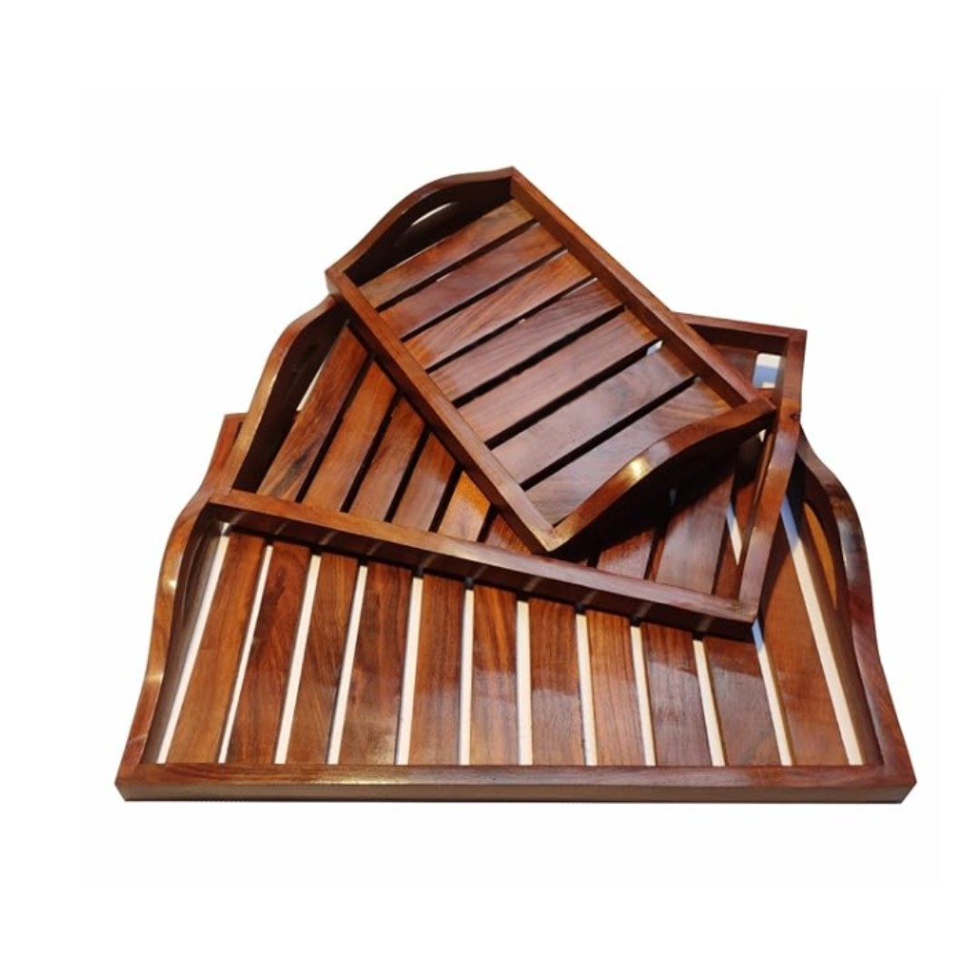 Handcrafted  Sheesham Wood Tray Set of 3