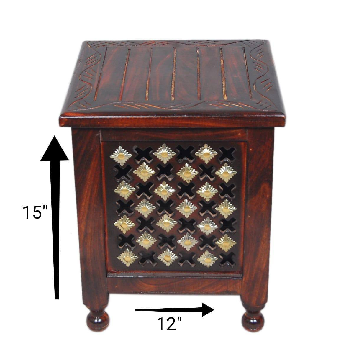 Handcrafted Wooden Side Table with Brass Inlay Panel & Drawer