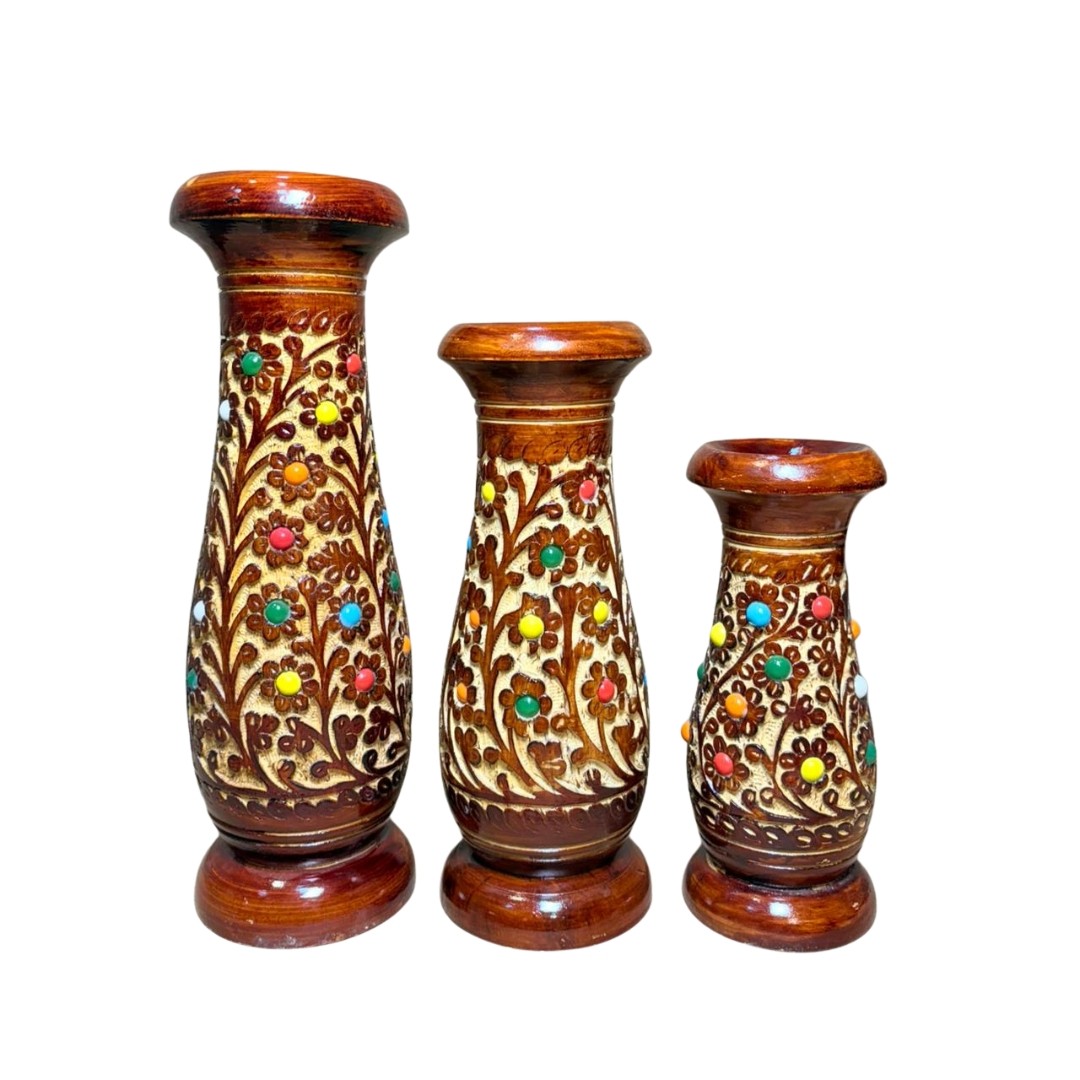 Handcrafted  Wooden Flower Vase Set Of 3