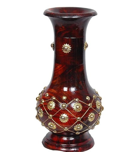 Handcrafted Wooden Vase with Brass Floral Inlay
