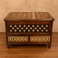 Premium Handcrafted Sesame Wood Storage Chest with Brass Inlay & Dual Drawers