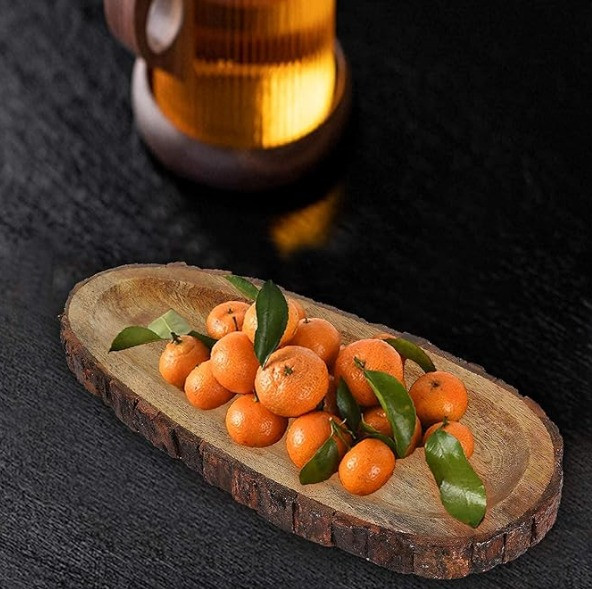 Handcrafted Oval Wooden Bark-Edge Serving Tray