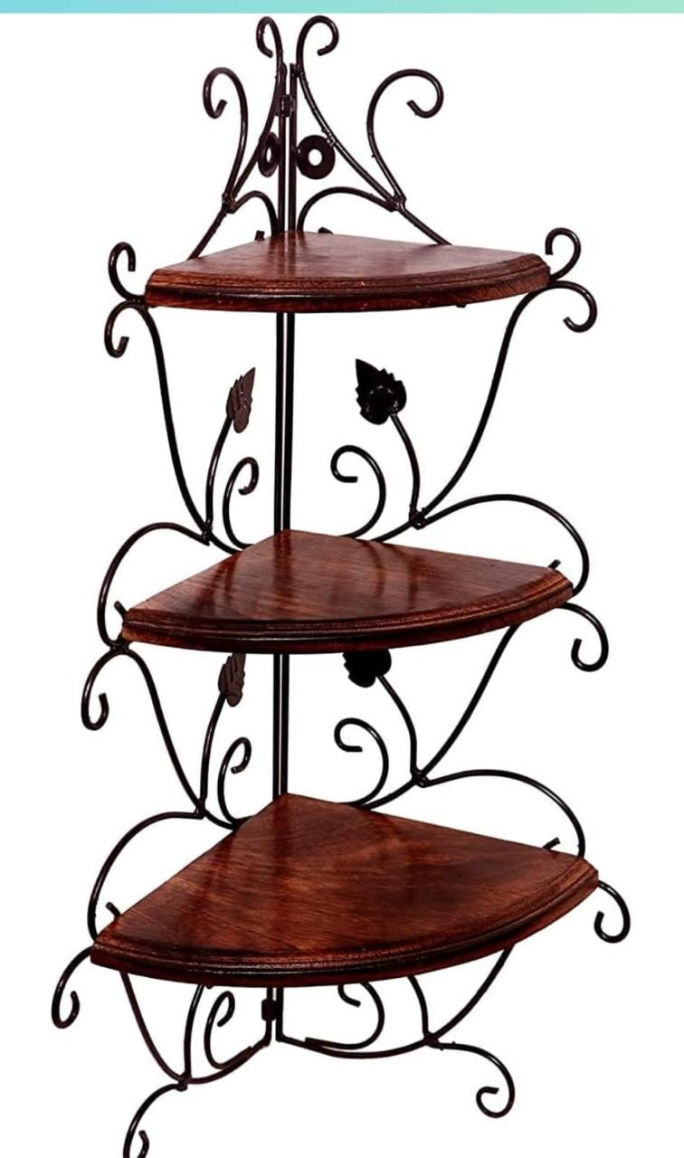 Vintage Wrought Iron & Wooden Corner Shelf Stand