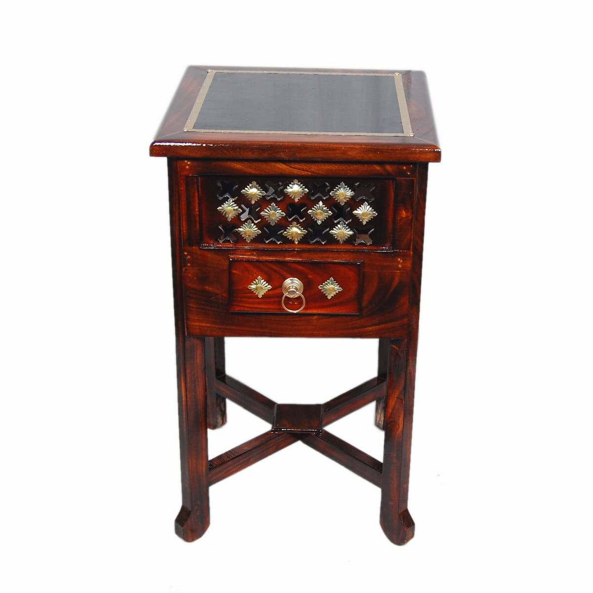 Handcrafted Wooden Side Table with Brass Detailing & Drawer