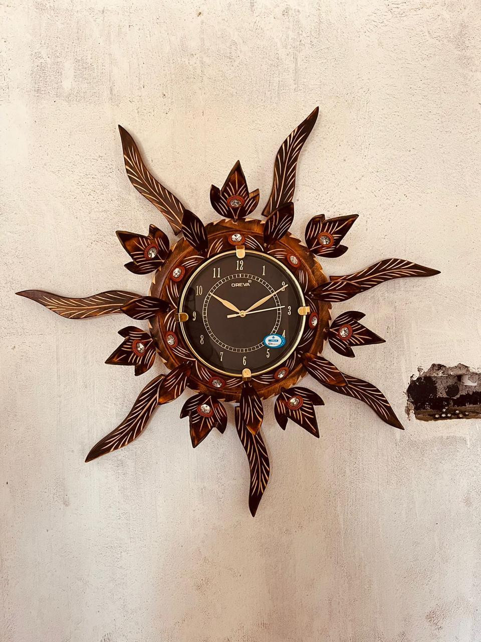 Handcrafted Sunburst Floral Wooden Wall Clock