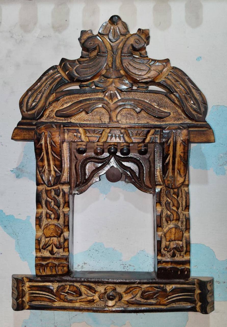 Handcrafted Wooden Wall Pooja Mandir with Shelf